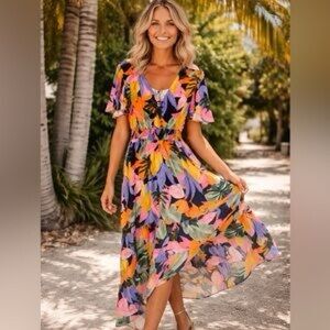 Anthropologie Abel The Label Leonard Tropical Floral Maxi Dress M High-Low Hem